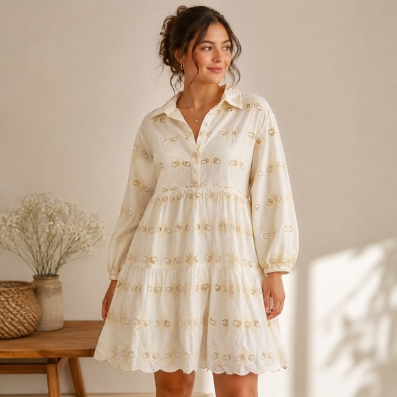 Anthropologie Dresses & Skirts - Anthropologie The Bettina Tiered Mini Shirt Dress Embroidered Bee Edition Large